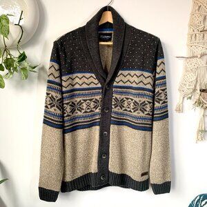 Rumors Sweater Cardigan Fair Isle Shawl Collar Brown Blue Cozycore Fisherman